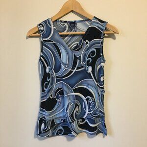 Made in Canada 90s Blue Swirly Wave Celtic Filigree Print Faux Wrap Tank